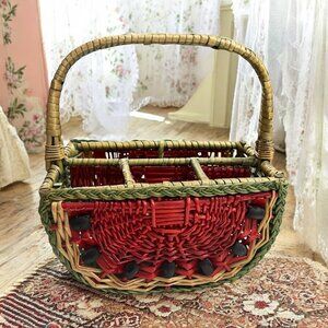 Vintage Wicker Watermelon Picnic Basket Spaces for Utensils and Plates‎